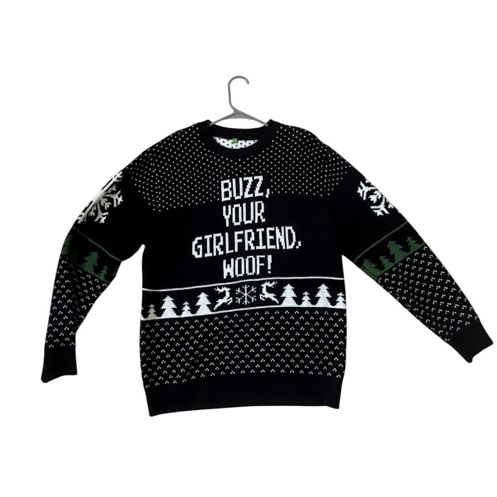 Home Alone Buzz Your‎ Girlfriend Woof Ugly Christmas Sweater Mens Black Knit XL